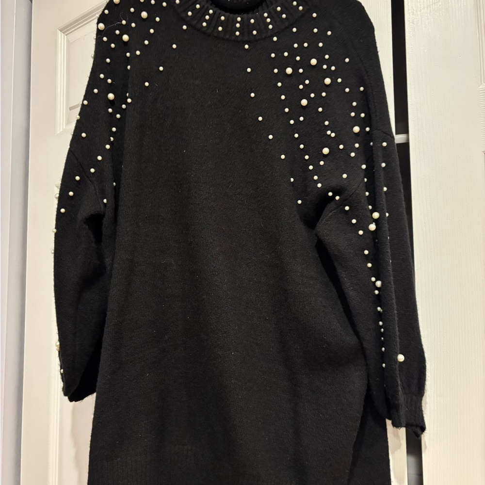 Black Sweater Dress with Pearl Embellishments